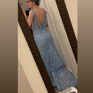 Custom evening gown baby blue beaded fringe